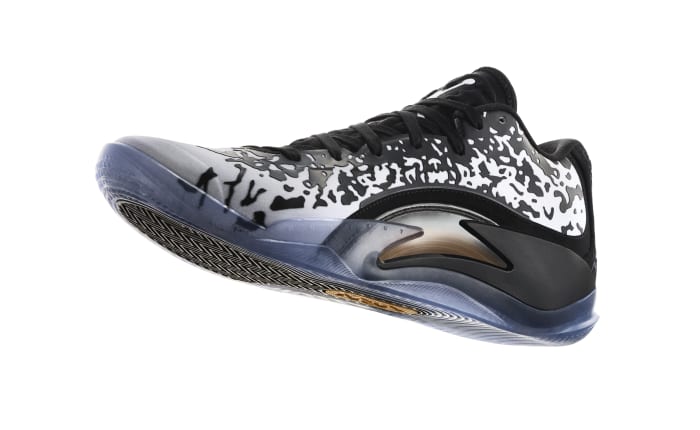 Side view of Zion Williamson's black and white Jordan Brand shoe.